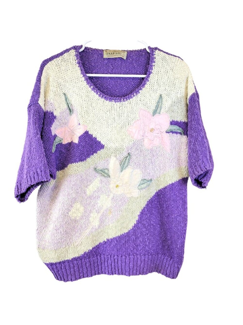 Vintage 80s Sweater Shirt Women 2X Plus Purple Embroidered Floral Top Spring Fun